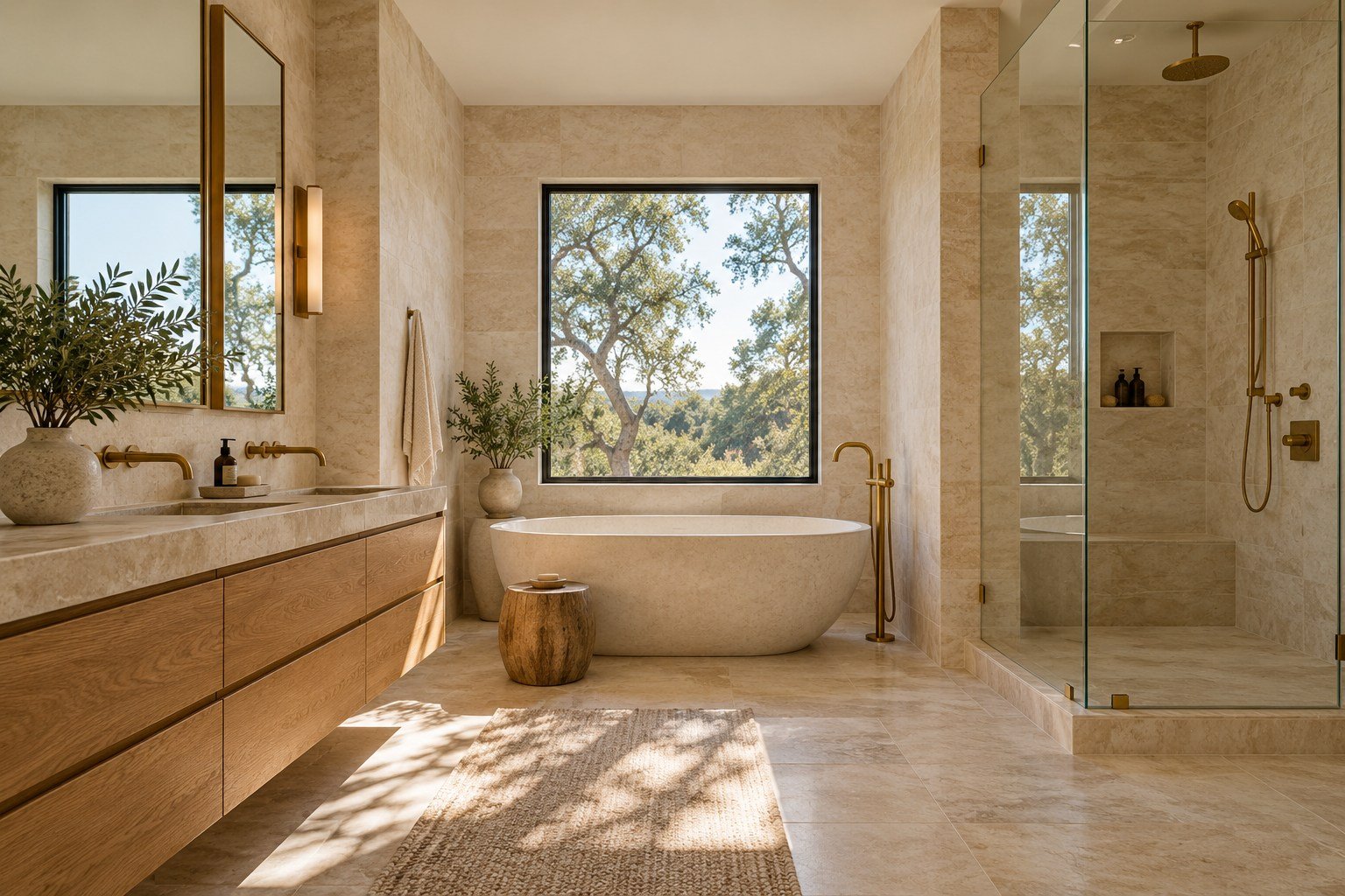 Concept photo of a cream stone bathroom with oak cabinetry